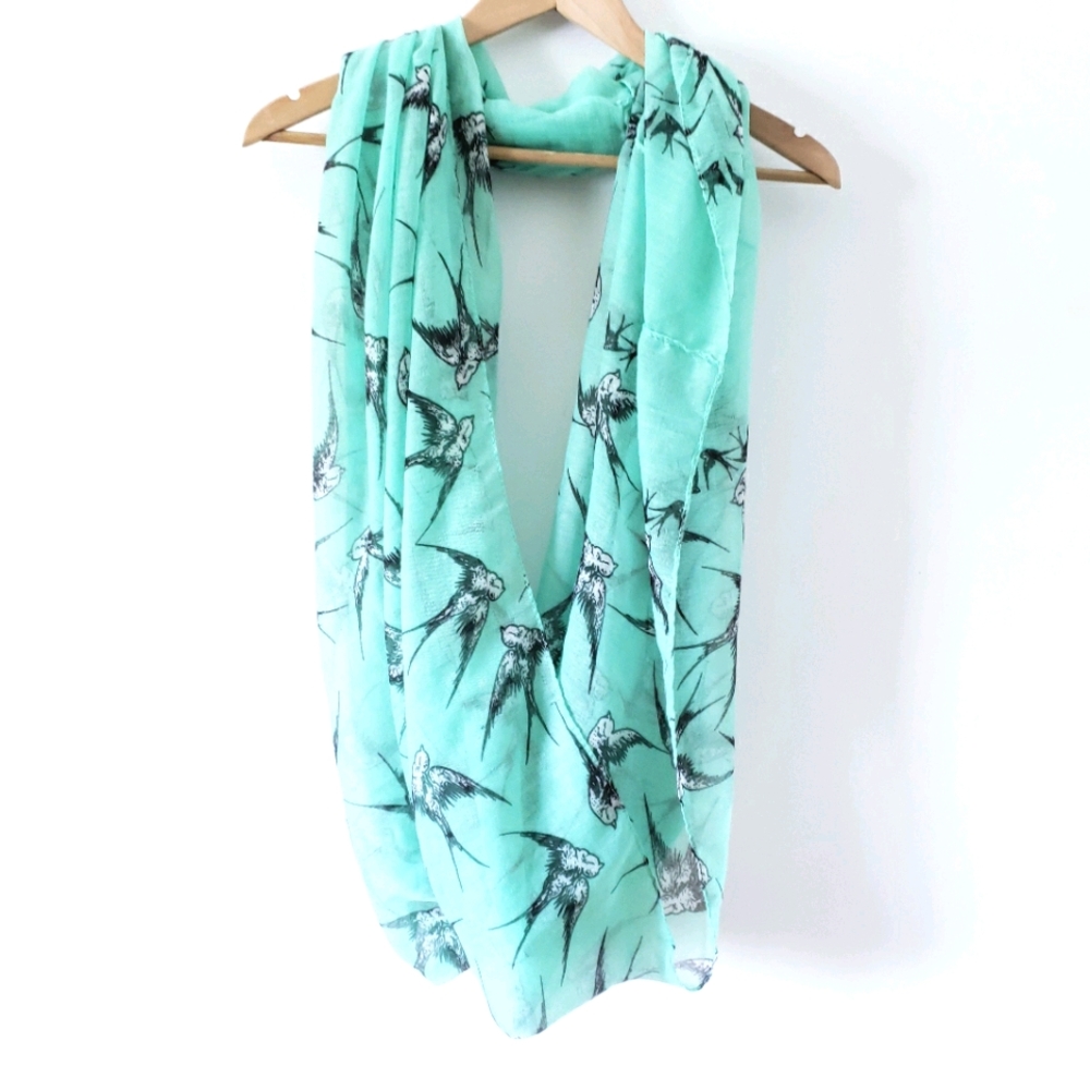 Bird Print Infinity Scarf Muslin Swallows Mint